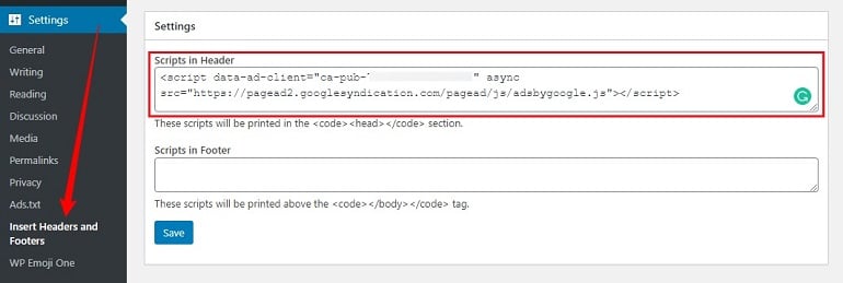 insert google adsense code in wordpress using insert headers & footers plugin