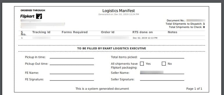 order shipping manifest