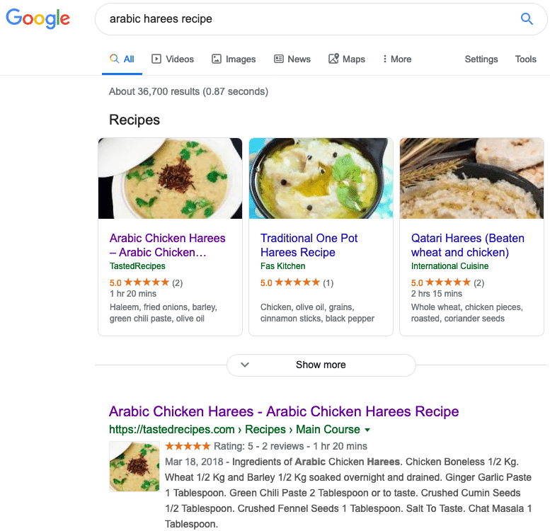 Google search result showing details of the recipe from the recipe blog