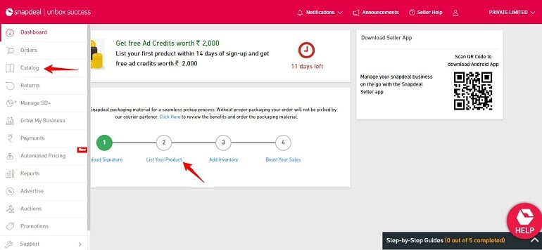 click catalog under seller dashboard in snapdeal