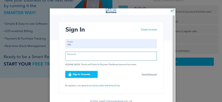 paytm marketplace sign in with mobile & password