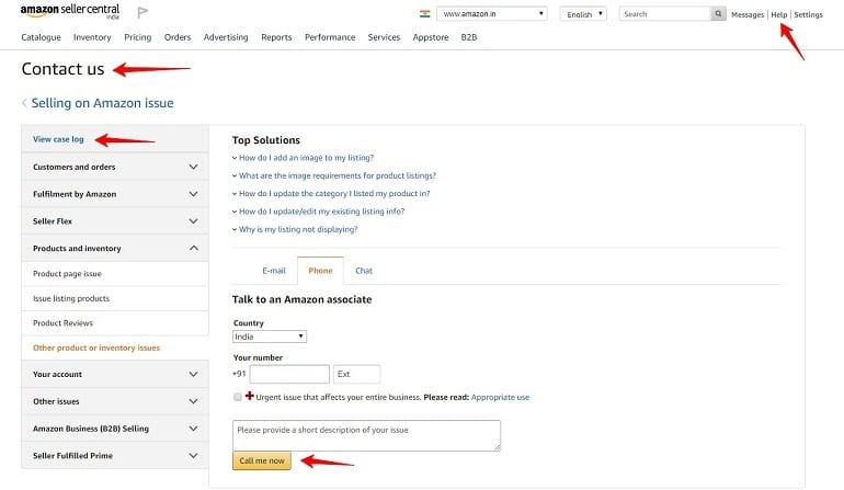 Contact us page in amazon seller support