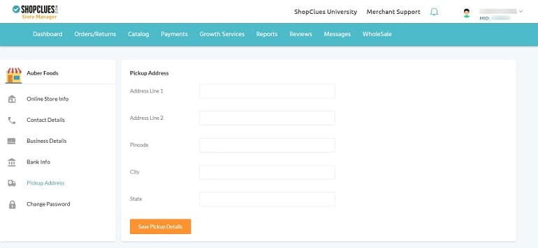 pickup address details in shopclues