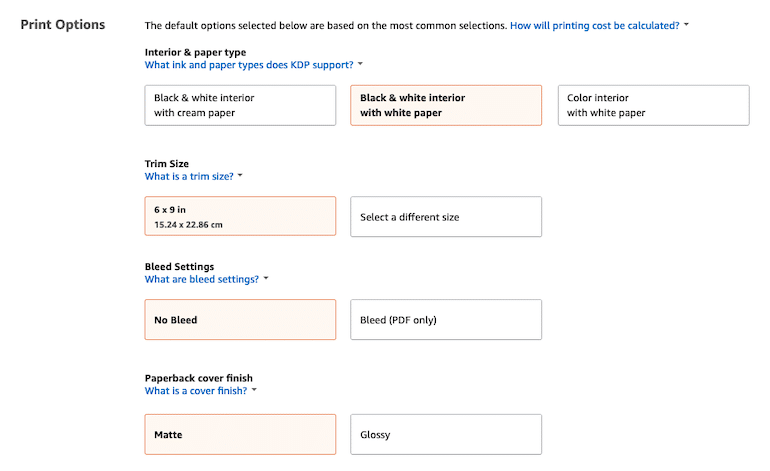 Printing Options in Amazon KDP