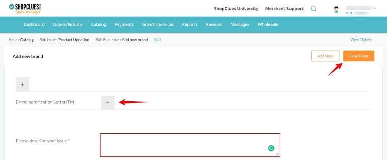 raise ticket to add new brand in shopclues