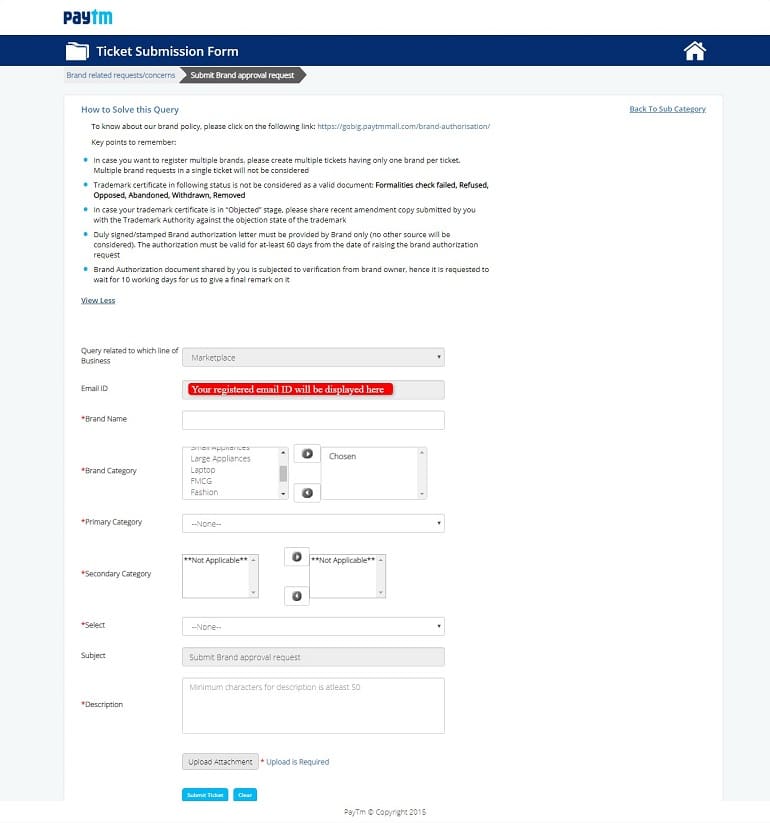 ticket submission for brand approval in paytm