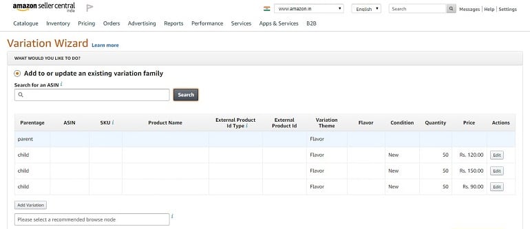 add or update a product in an existing variation family amazon india
