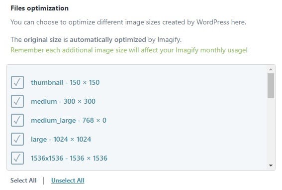 different image size optimization in imagify wordpress