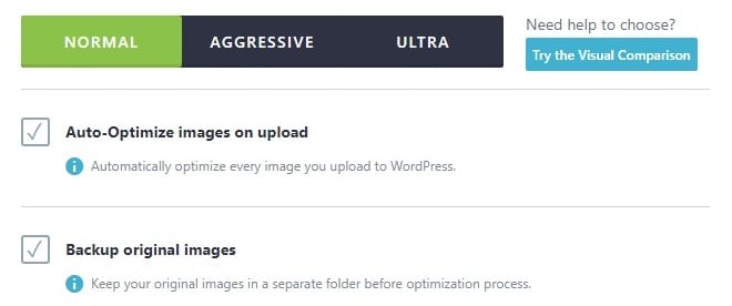 normal aggressive and ultra mode settings in imagify