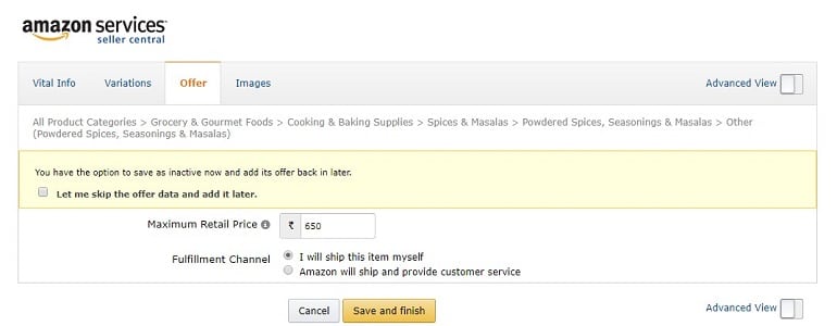 offer tab adding new product in amazon india