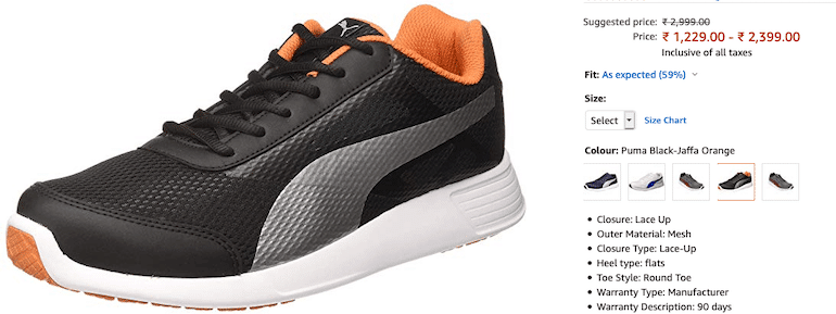 puma product varation in size and color