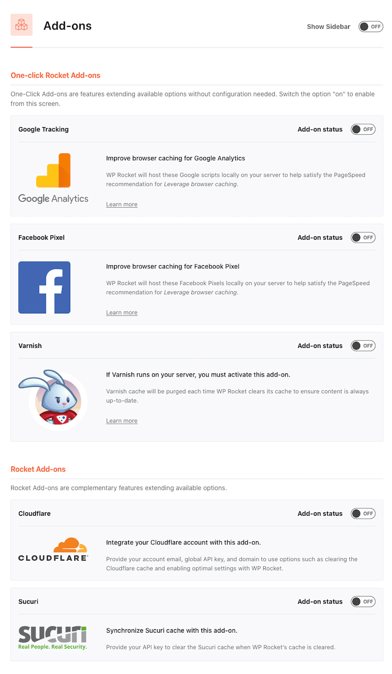 Add-ons WP Rocket Settings