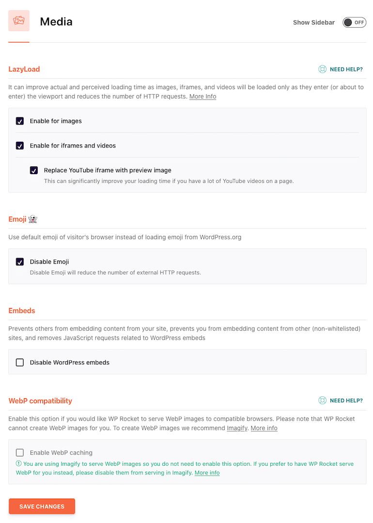 Media WP Rocket Settings