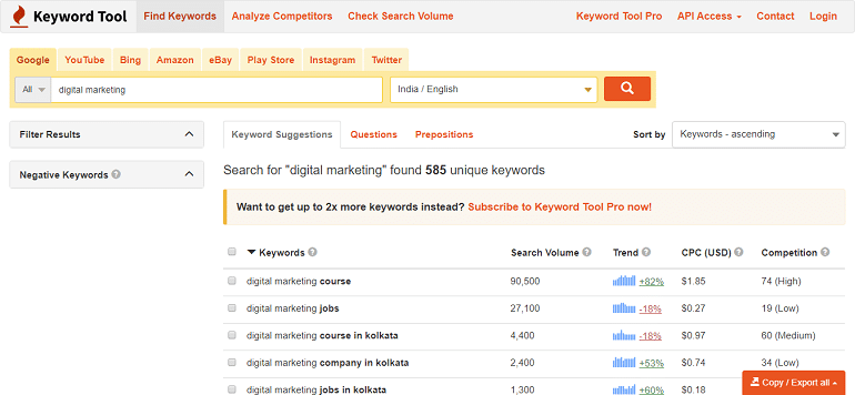 Search for digital marketing found 585 unique keywords