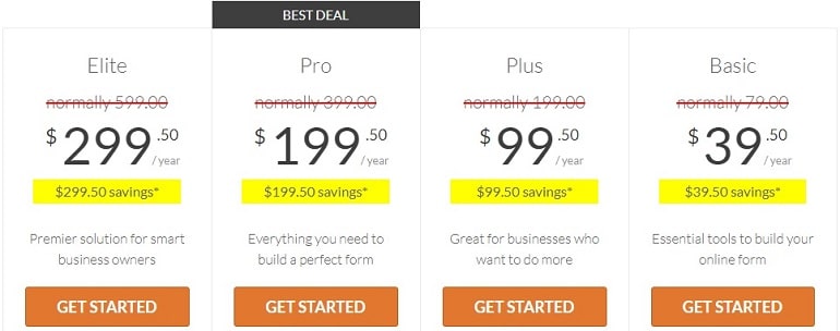 pricing plans in wpforms