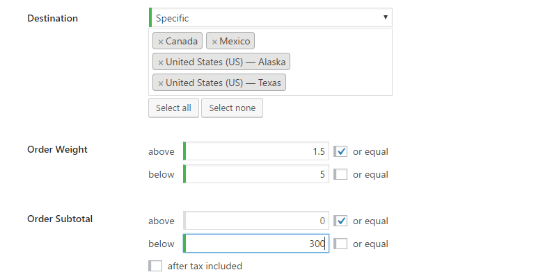 destination, weight, subtotal