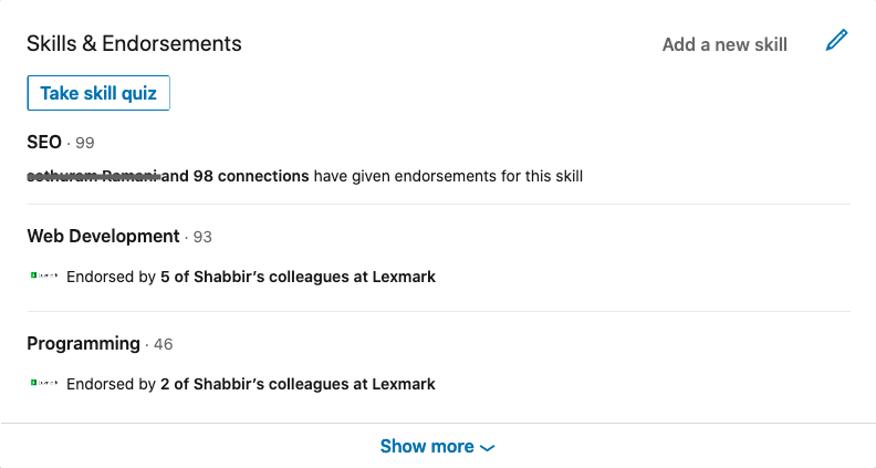 Shabbir Bhimani LinkedIn Skills and Endorsements