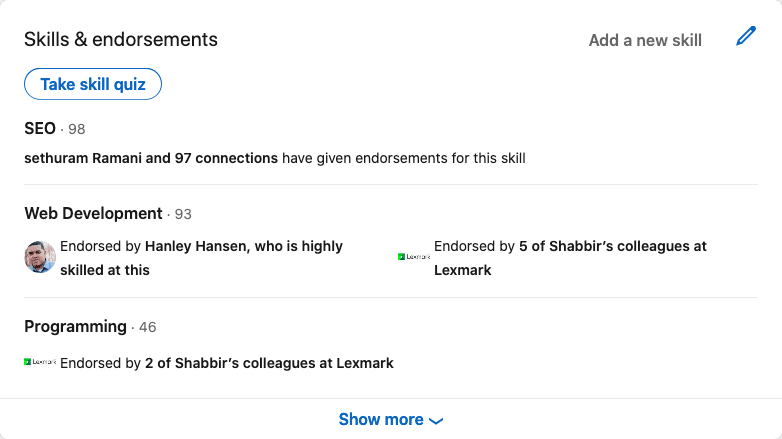 Shabbir Bhimani LinkedIn Endorsement